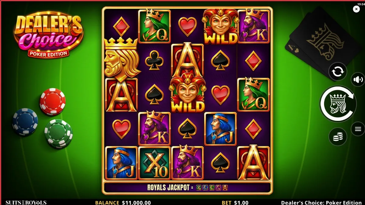 Tampilan antarmuka permainan slot Dealer’s Choice: Poker Edition dengan nuansa kasino hijau