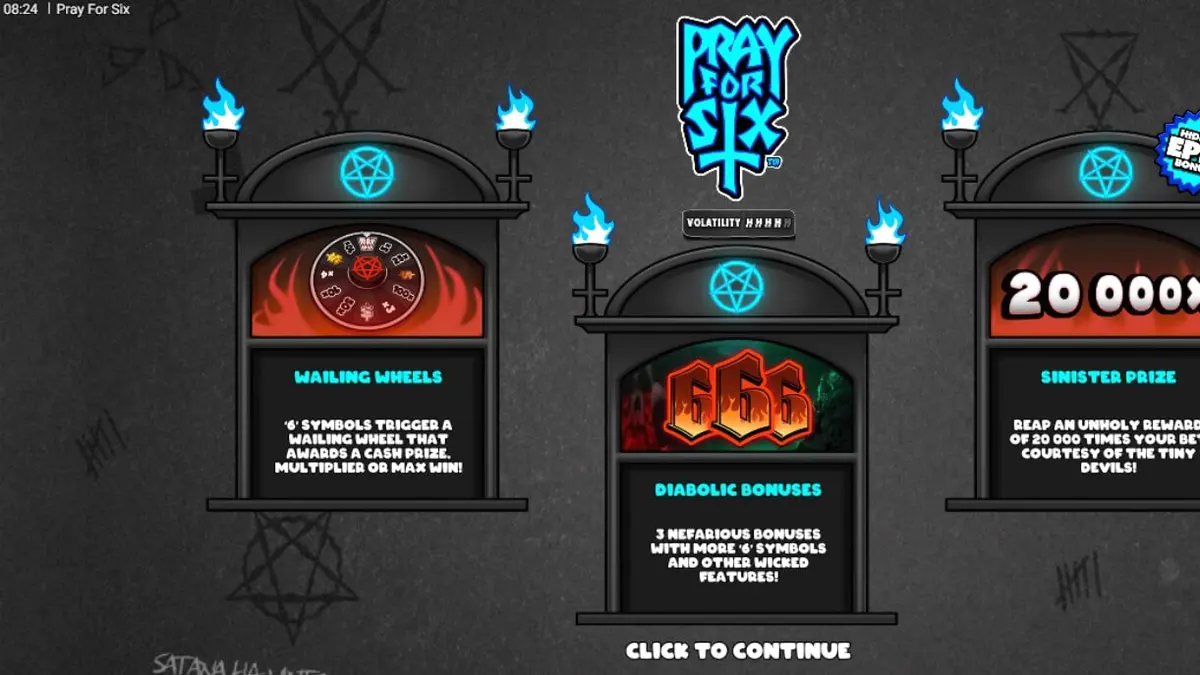 Tampilan visual slot Pray for Six dengan tema kartun monokromatik dan roda keberuntungan