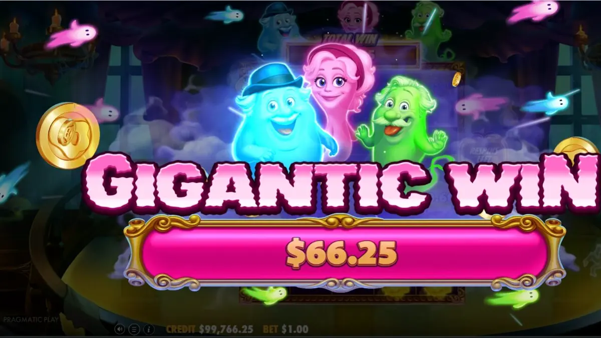 Tampilan visual slot Great Ghosts dengan tema rumah berhantu yang penuh warna dan karakter kartun yang menarik.